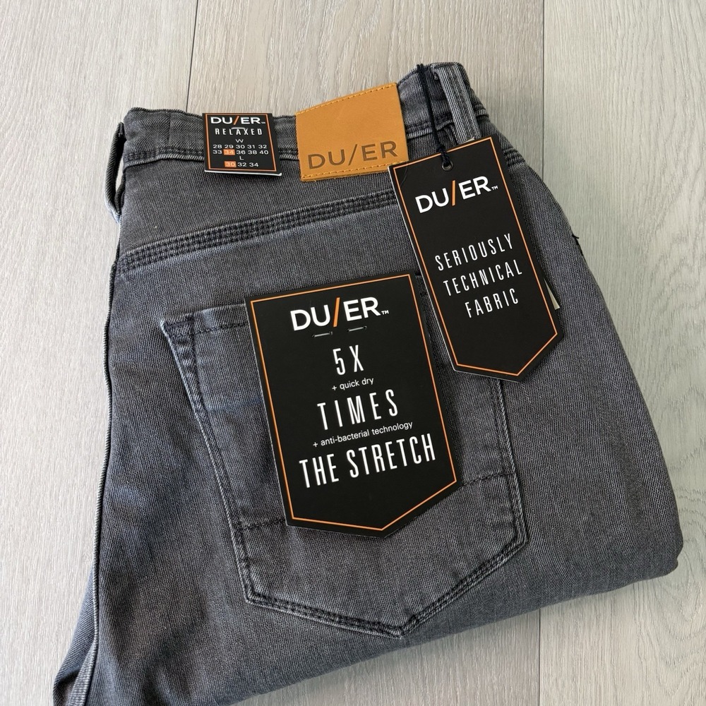 DU/ER L2X Relaxed Taper Jeans Stretch Denim Men's 34x30 Grey Performance DUER